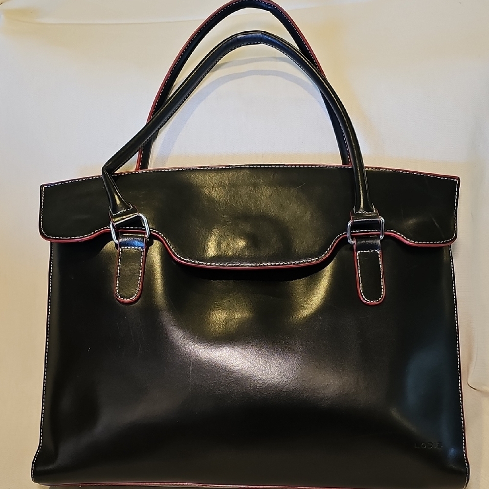 Lodis Black Leather Tote Bag With Red Edge Trim